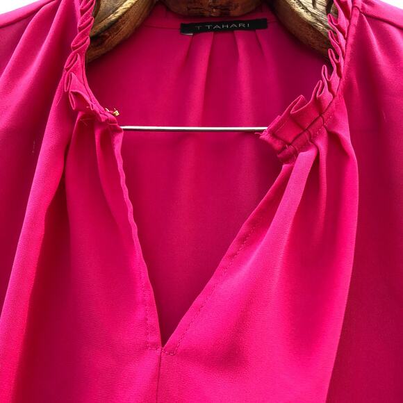 Tahari Top Bright Pink Chiffon High Neck Short Sleeve Small - Picture 6 of 9